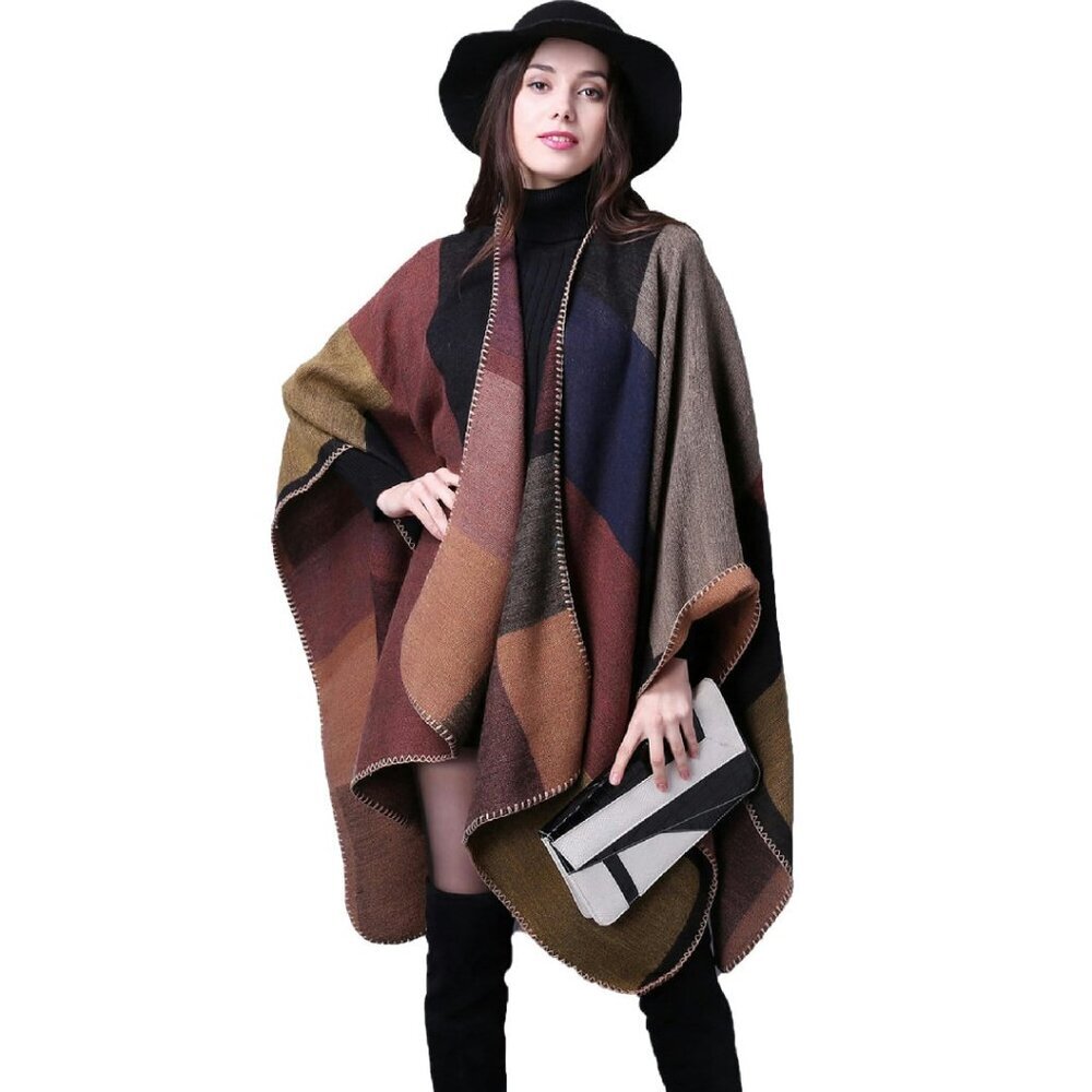 Reversible Poncho Shawl Wrap For Women, Soft Polyester Acrylic Blend